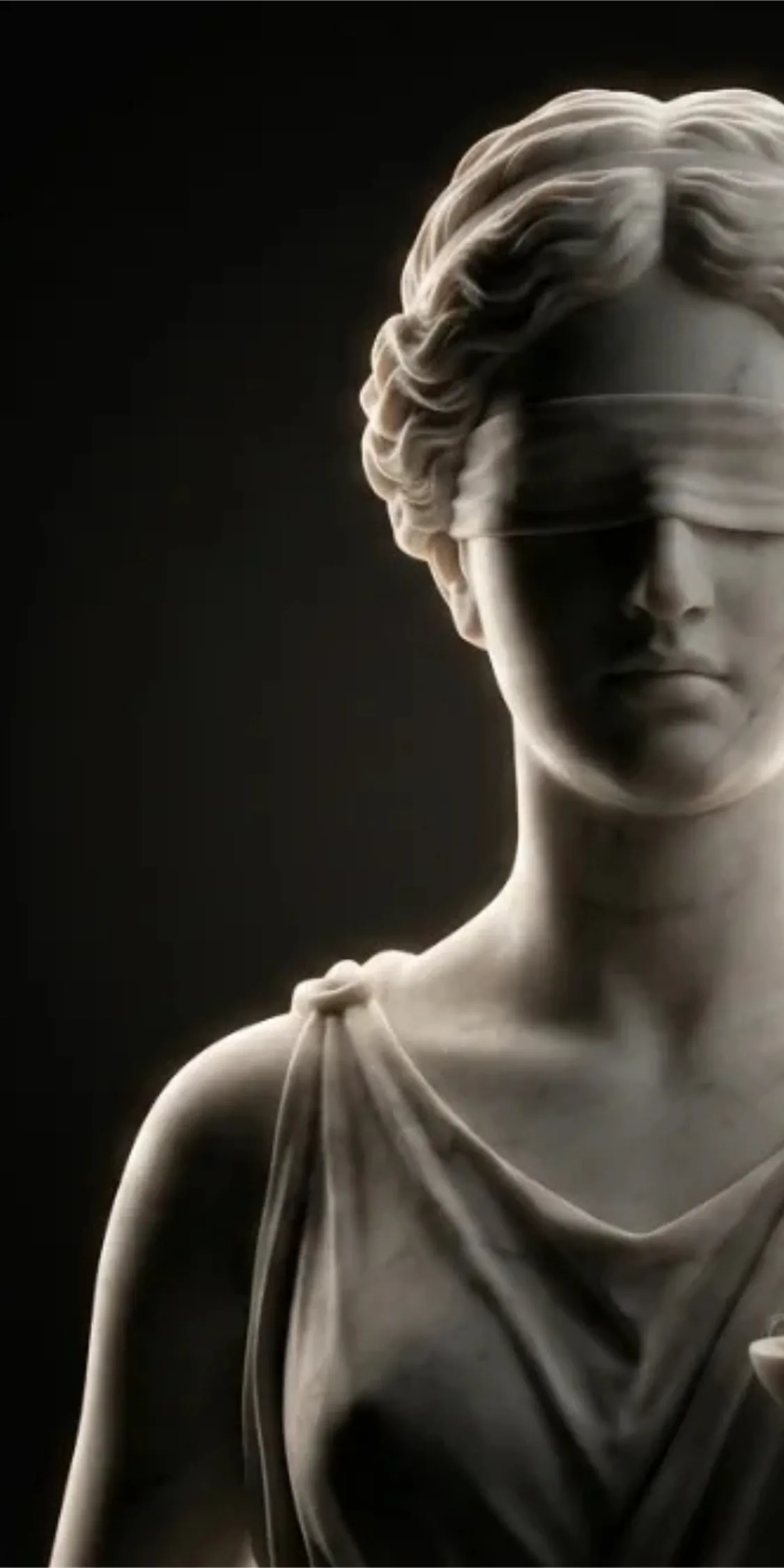 Estátua da Justiça em mármore, vendada, segurando a balança